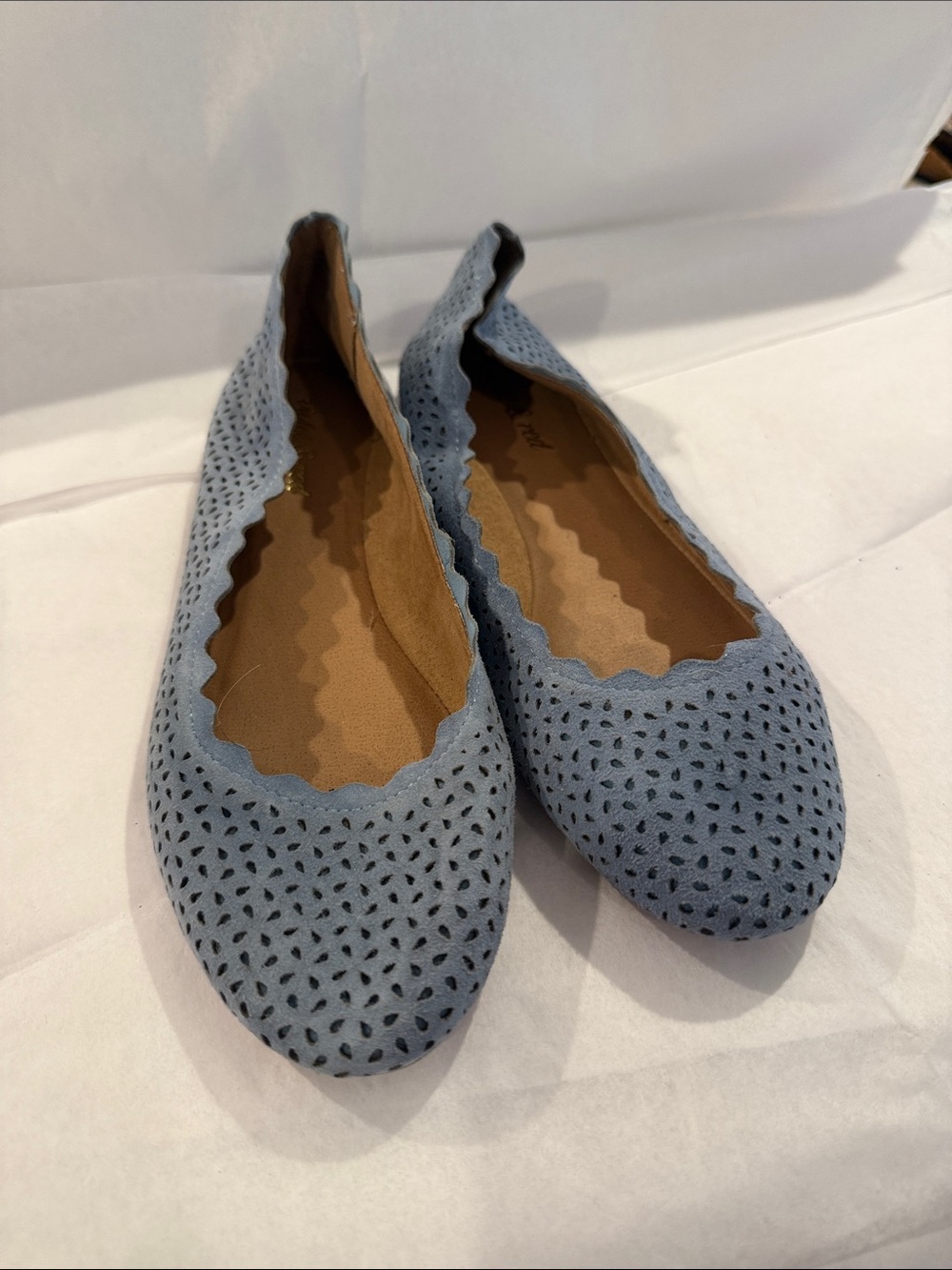 Scalloped Perforated Light Blue Ballet Flats
